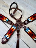 Sunset Red, Orange Blue Woven Copper Concho Tack Set