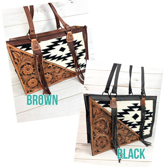 Black and Cream Wool with Tooled Leather Swatch Large Tote Bag
