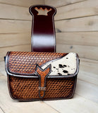Cowhide Basket Weave Leather Tooled Saddle Bag