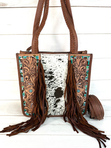 Turquoise Aztec Border Leather Cowhide Fringe Handbag