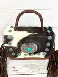 Cowhide Turquoise Studded Pill Box Style Crossbody Handbag