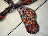 Floral Tooled Turquoise Painted Inset Leather Spur Strap