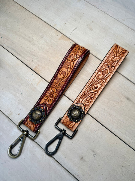 Natural Tooled Wristlet Leather Keychain
