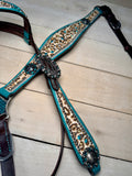 Teal Rhinestone Cheetah/Leopard Tack Set Dark Leather