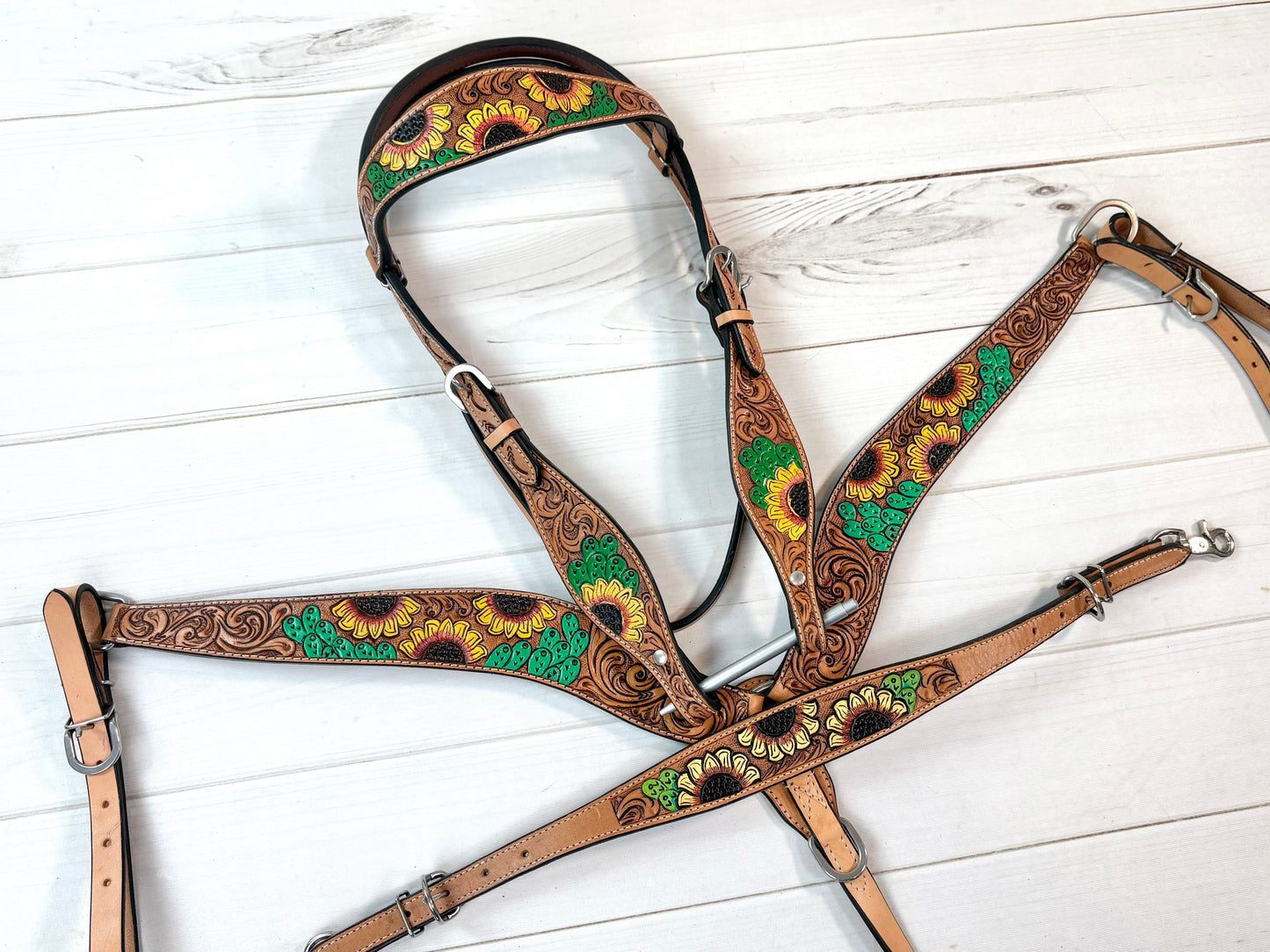 Yellow Sunflower and Green Cactus Tooled Leather Tack Set