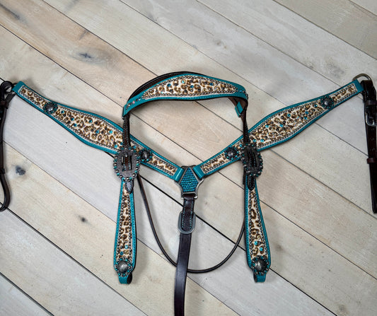 Teal Rhinestone Cheetah/Leopard Tack Set Dark Leather