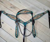 Teal Rhinestone Cheetah/Leopard Tack Set Dark Leather