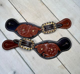 Dark Floral Tooled Yellow Crystal Buckle Spur Strap