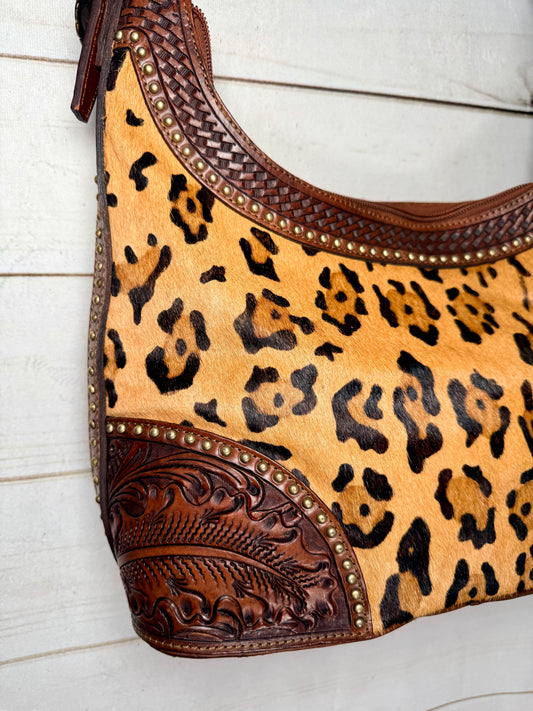 Cheetah Cowhide Studded Feather Tooled Hobo