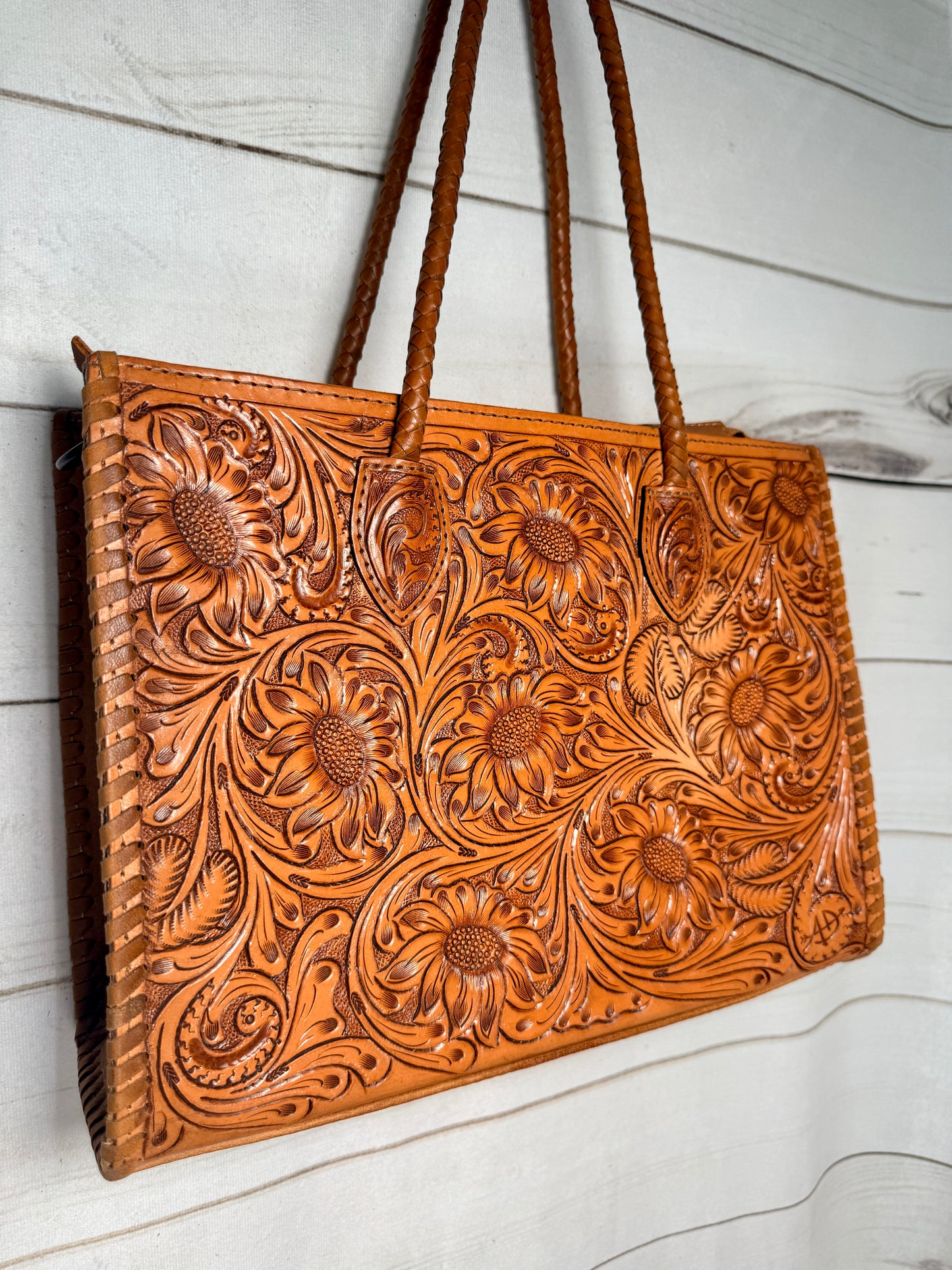 Braided Strap Sunflower Tooled Leather Tote