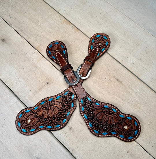 Sunflower Tooled Teal Buckstitch Spur Straps
