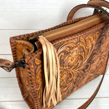 Floral Tooled Braided Border Structured Crossbody Bag