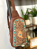 Leather Tooled Turquoise Border Western Sling Bag