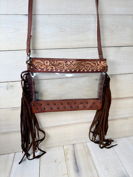 Clear Leather Flower Tooled Crossbody