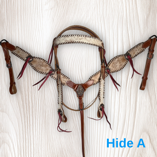 Tan and Cream Cowhide Tassel Whipstitch Tack Set