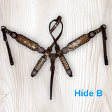 Cowhide on Dark Leather Tack Set with Buckstitch and Crystal Conchos