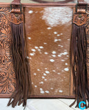 Prescott Light Brown Pattern Hide Tote with Leather Tooled Sunflowers