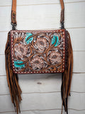 Floral Tooled White Buckstitch and Fringe Crossbody Handbag