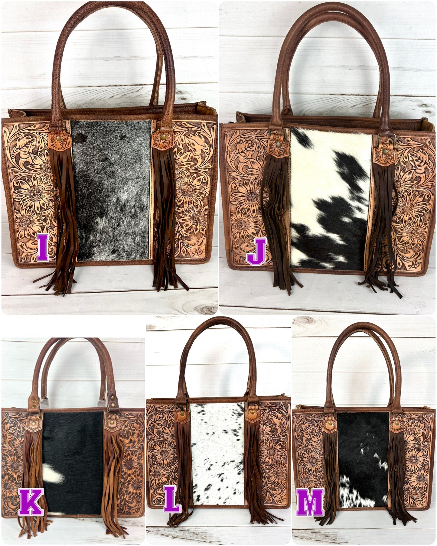 Prescott Black Grey Hide Tote with Leather Tooled Sunflowers