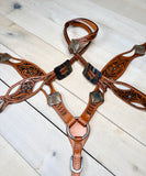 Rustic Concho Hide and Floral Tooled Tack Set
