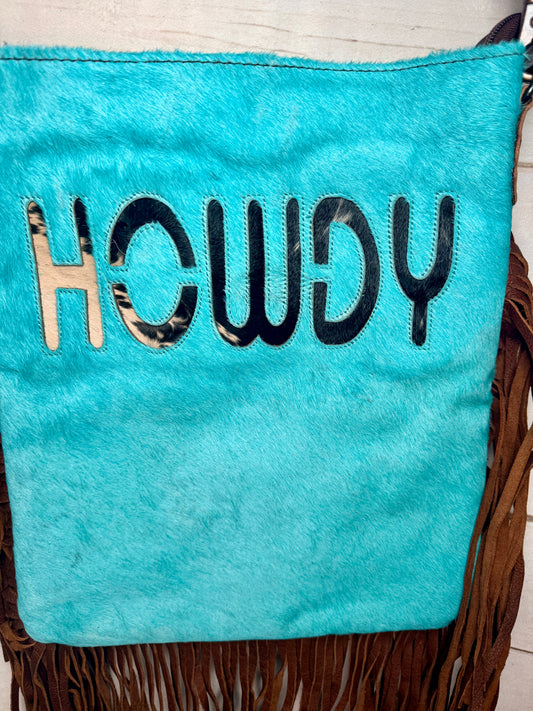 Turquoise Hide Howdy Large Crossbody Bag with Leather Fringe