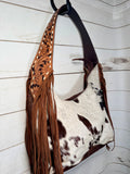 Floral Tooled Hide On Buckstitch Hobo Bag