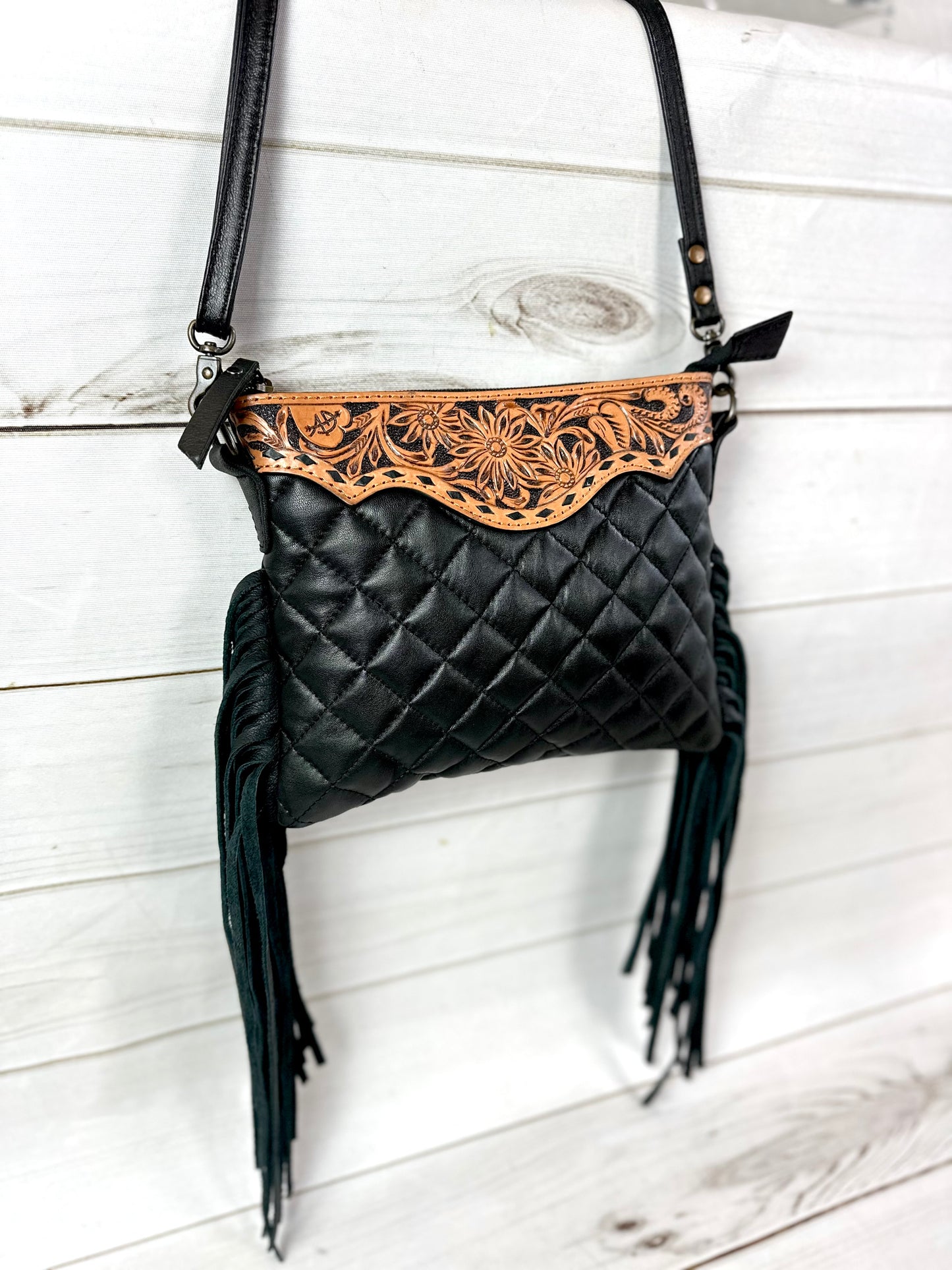 Western Black Quilted Leather Tooled Fringe Purse