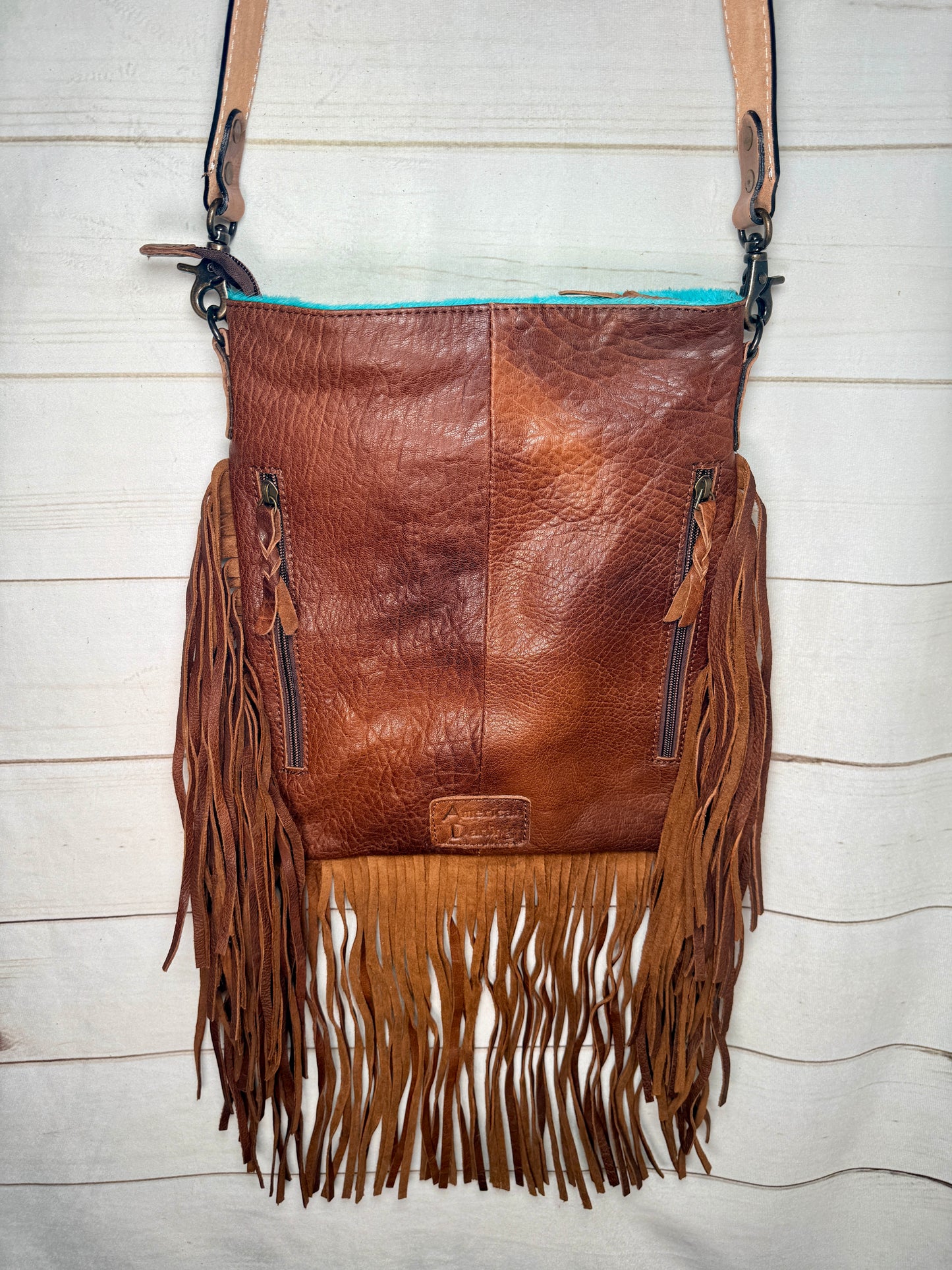 Turquoise Hide Howdy Large Crossbody Bag with Leather Fringe