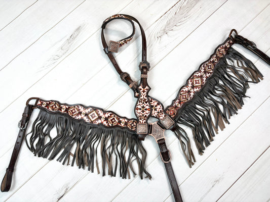 Brown and Cream Designed Leather Fringe Tack Set