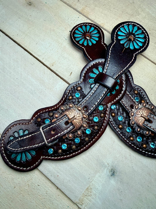 Turquoise Crystal Dark Leather Spur Straps