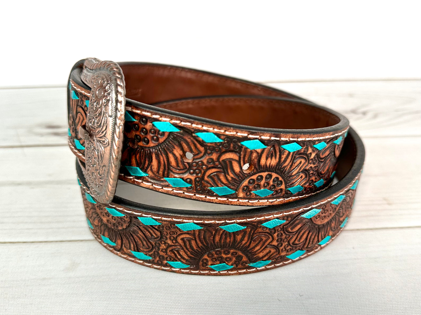 Dark Tooled Sunflower Turquoise Buckstitch Belt