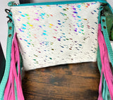 Pink & Turquoise Confetti Hide Leather Fringe Handbag