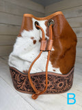 Ranchers Hide & Leather Tooled Band Bucket Handbag