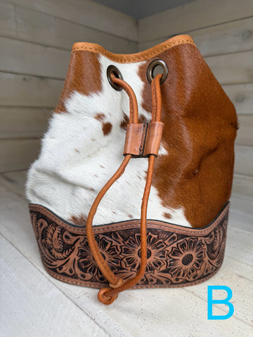 Ranchers Hide & Leather Tooled Band Bucket Handbag