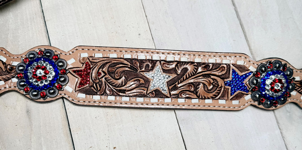 Red White and Blue Crystal Concho White Buckstitch Tack Set