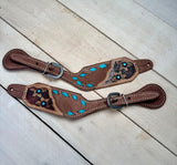 Daisy Buckstitch Rough Out Teal Spur Straps