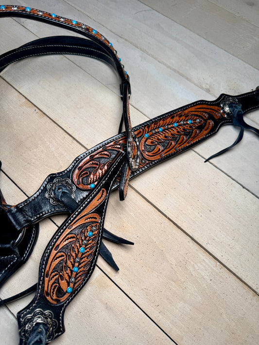 Black Leather Turquoise Feather Tooled Tack Set