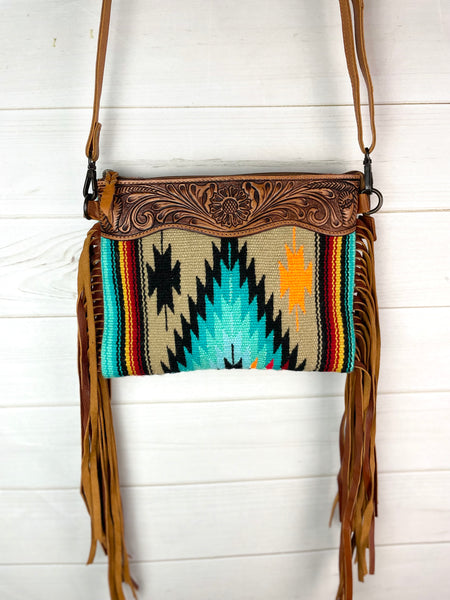 Brown, Orange and Turquoise Leather Tooled Fringe Med. Bag