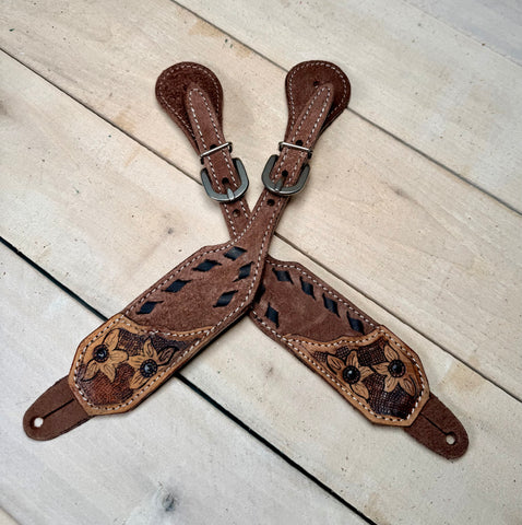 Daisy Buckstitch Rough Out Black Spur Straps