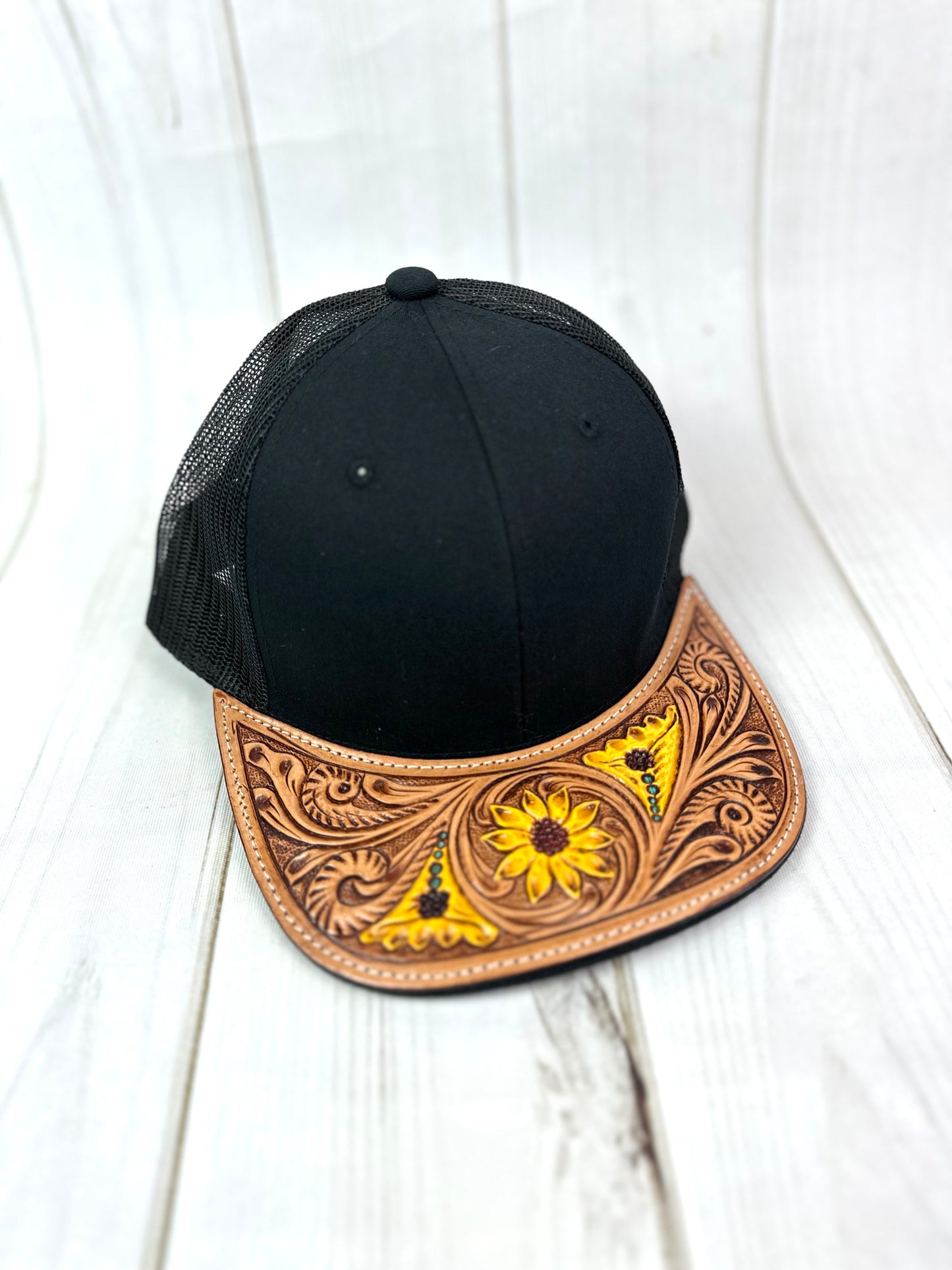 Western Tooled Leather Brim Snapback Trucker Style Hats