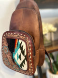 Sunset Leather & Aztec Wool Pattern Sling Backpack