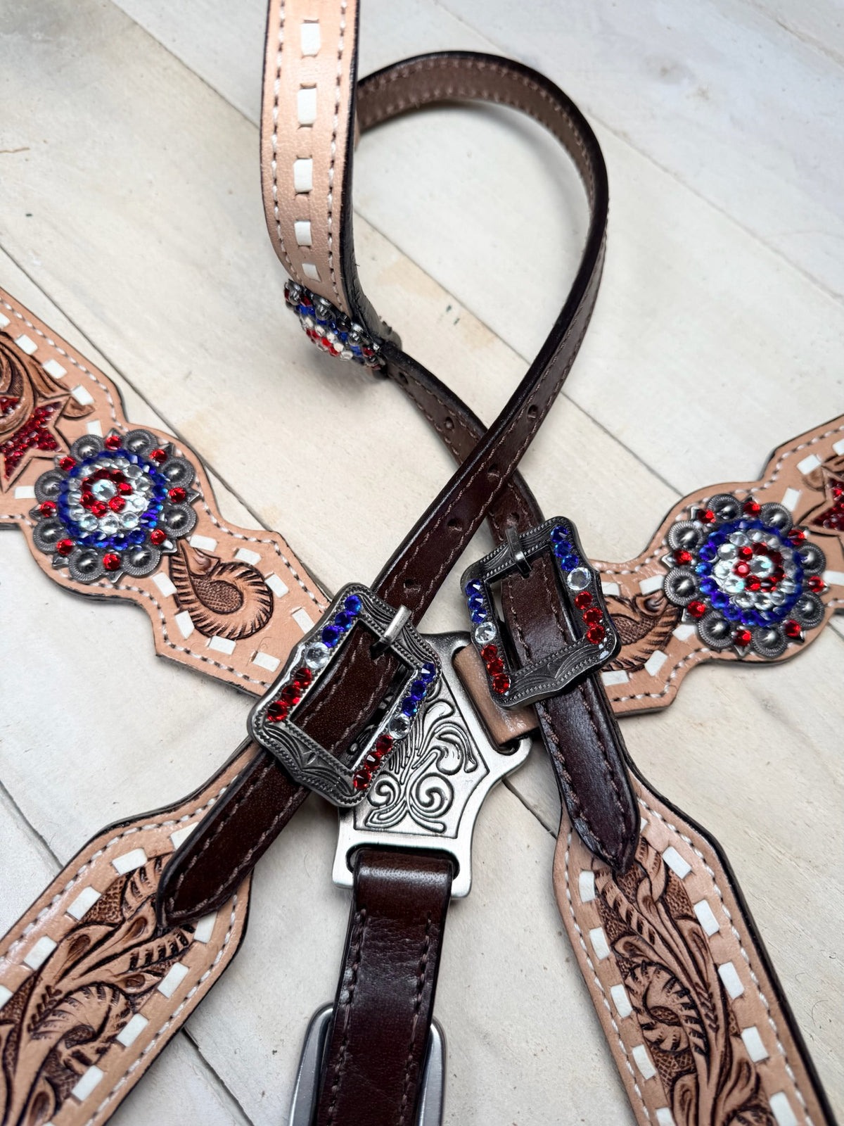Red White and Blue Crystal Concho White Buckstitch Tack Set