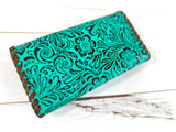 Turquoise Brocade Pattern Leather Whipstitch Wallet