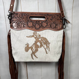 Branded Rodeo Days Hide & Leather Handle Fringe Bag