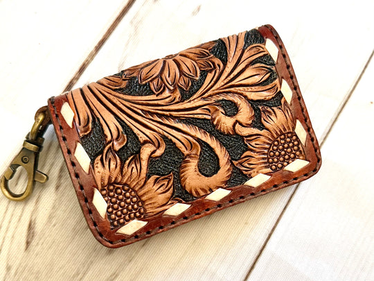 Sunflower Buckstitch Leather Card Holder Keychain