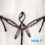 Cowhide on Dark Leather Tack Set with Buckstitch and Crystal Conchos