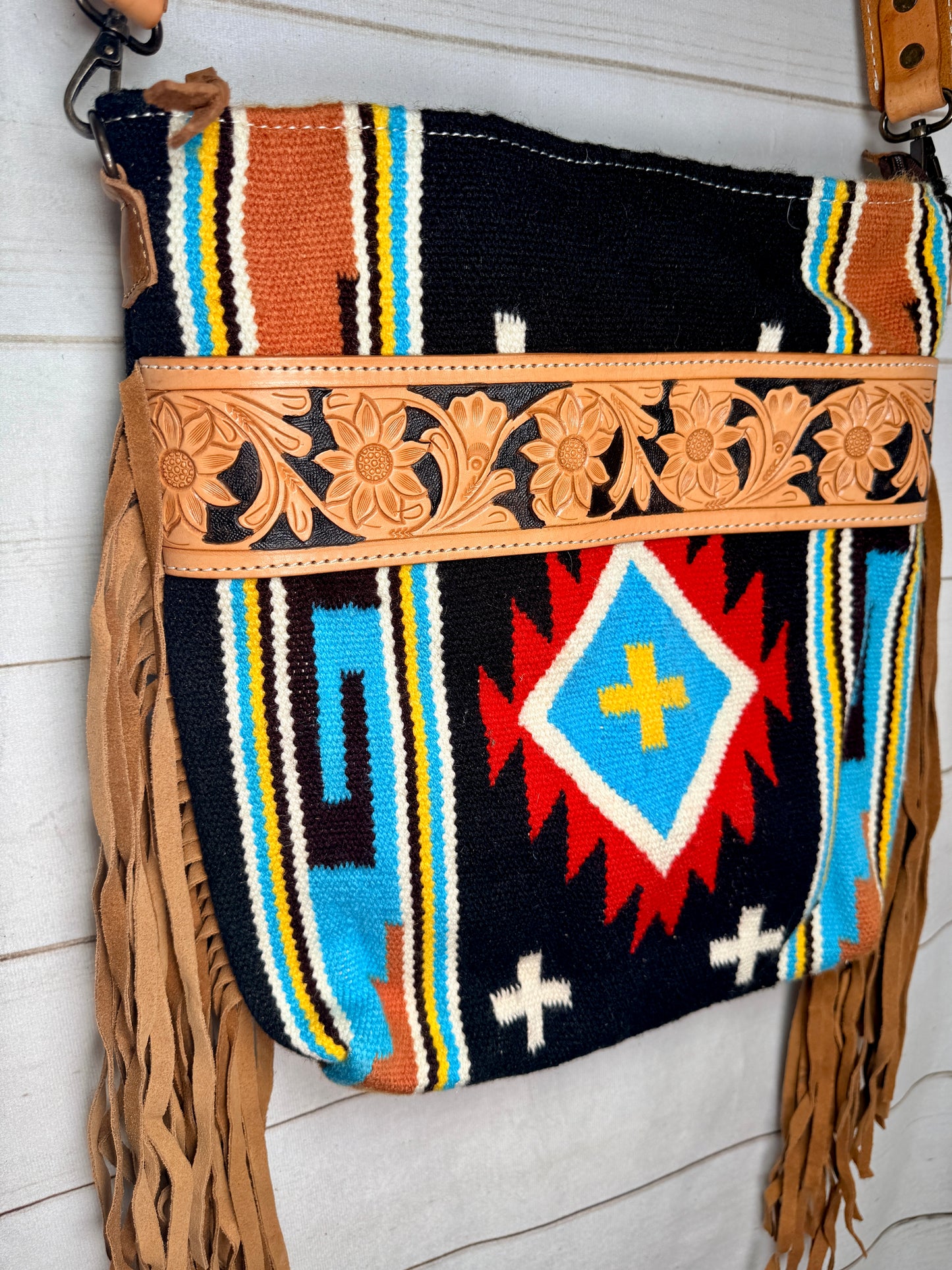 Floral Tooled Black, Red and Turquoise Crossbody