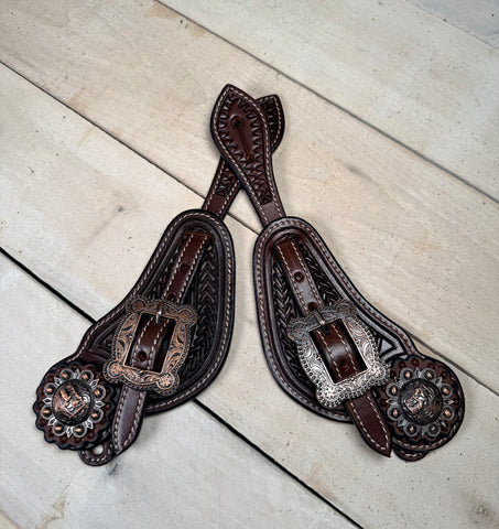 Dark Copper Concho Tooled Mens Spur Straps