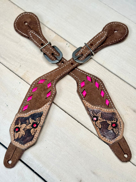 Pink Buckstitch Rough Out Leather Floral Spur Straps