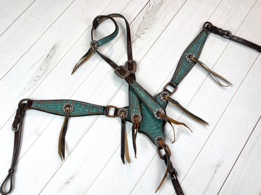 Dark Teal Gator Gladiator Style Leather Tack Set